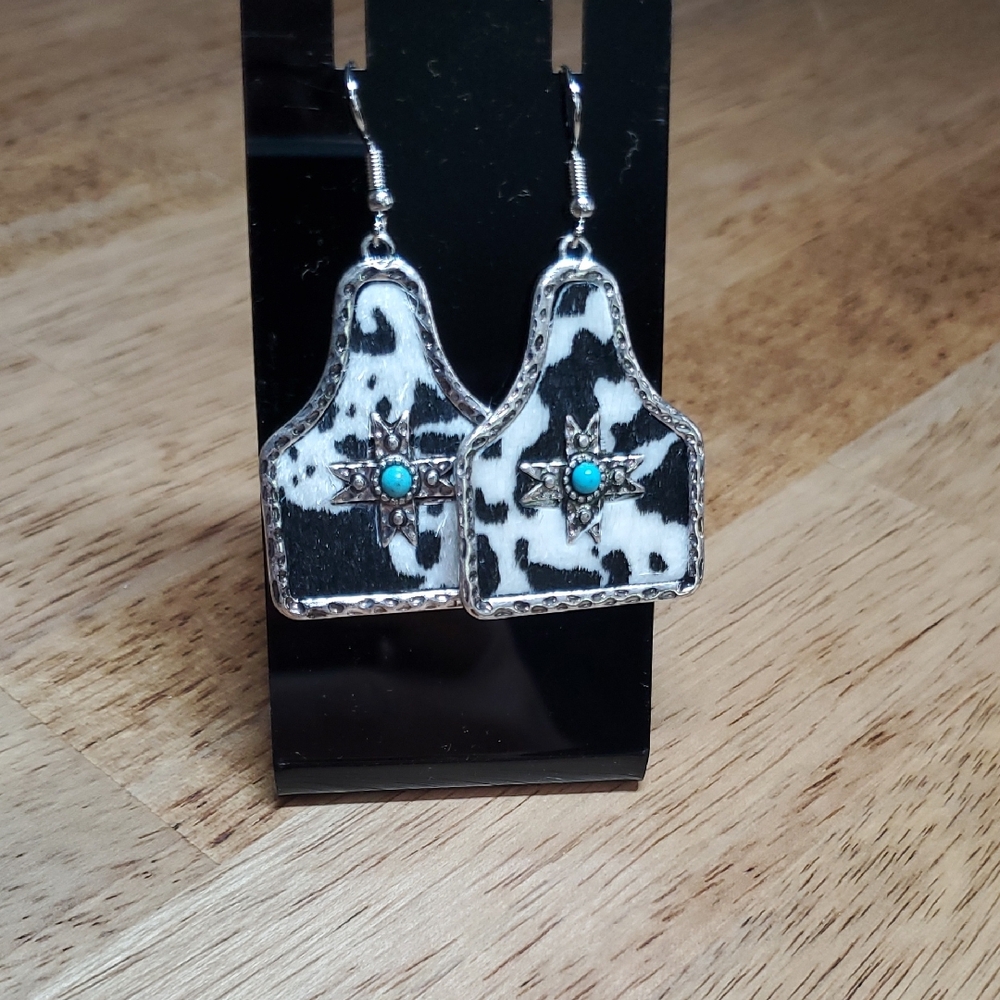 Cow Print Earrings with Turquoise Accent